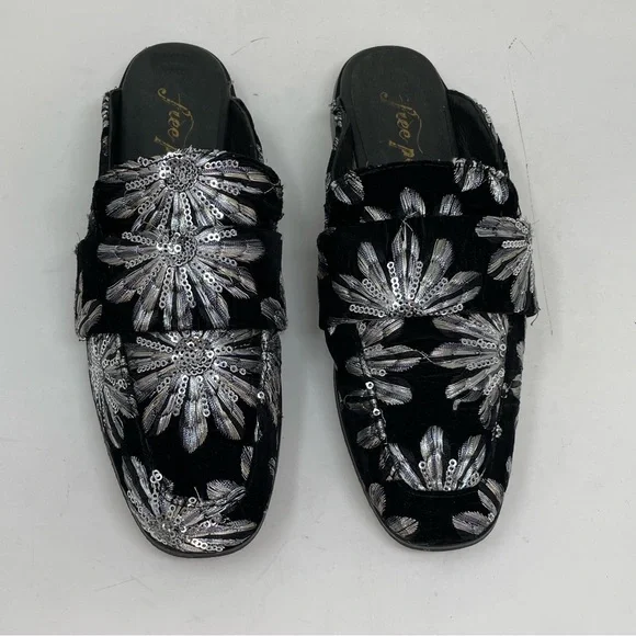 Free People Shoes Black Velvet Mules Silver Embroidered Flowers Size 36 6 - Picture 4 of 14